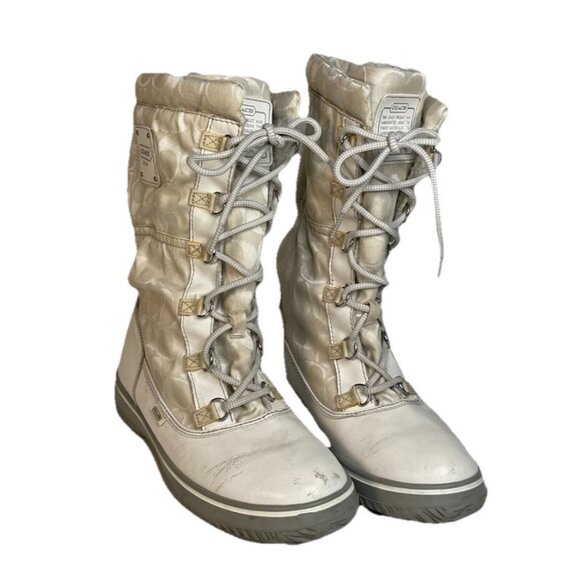 Coach W sz 9 Shaine Signature Logo White Winter Snow Rain Boots Mid Calf Lace-Up - Picture 1 of 16
